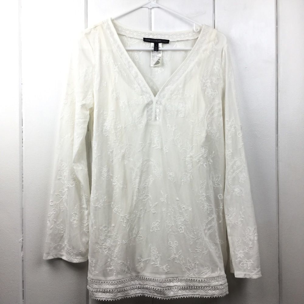 ‎White House Black Market Cream Embroidered Tunic S